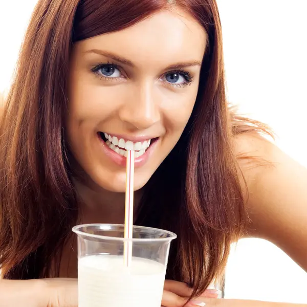 Mooie Jonge Vrouw Drinken Melk Geïsoleerd Tegen Witte Achtergrond — Stockfoto