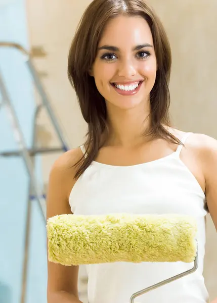 Portrait Young Happy Beautiful Woman Paint Roller — Stock Photo, Image