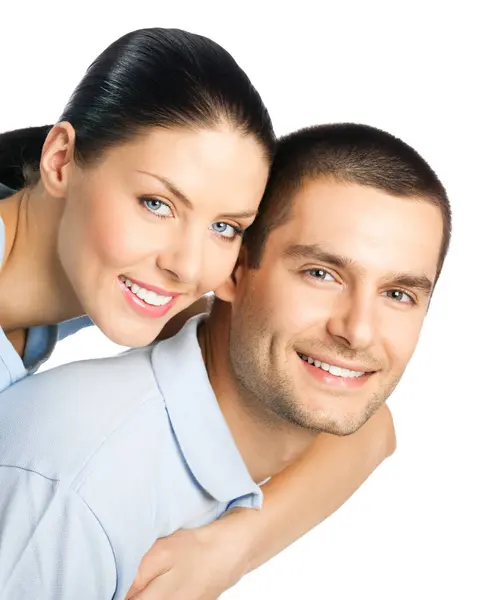 Genç Çekici Bir Çift Beyaz Arka Plan Üzerinde Izole Gülümseyerek — Stok fotoğraf