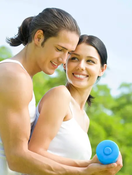 Smiling Couple Dumbbells Fitness Workout Outdoor Stock Photo