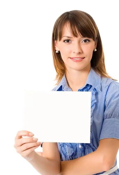 快乐的年轻商业女人显示空白的招牌 在白色背景上孤立 图库照片