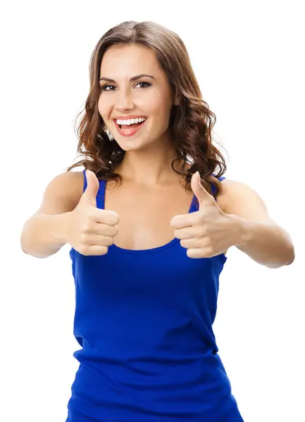 快乐微笑美丽的年轻女子显示孤立在白色背景的姿态 竖起大拇指 免版税图库图片
