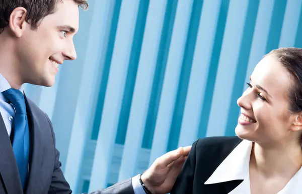 Two Happy Smiling Cheerful Businesspeople Office — Stock Photo, Image