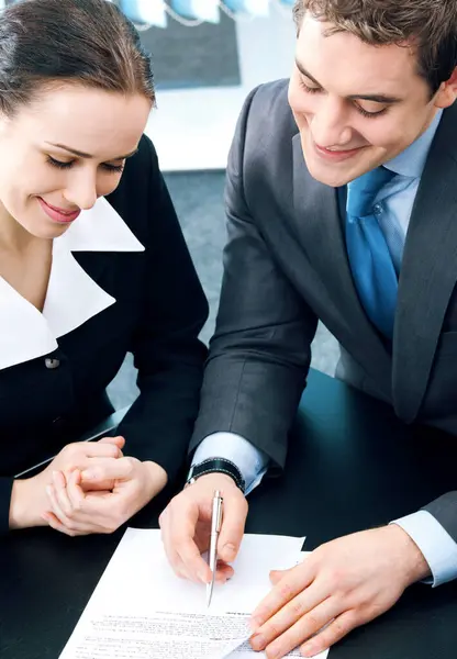 Two Happy Smiling Cheerful Young Businesspeople Working Documents Office — Stock Photo, Image