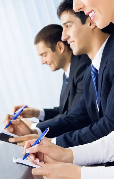 Three Happy Smiling Businesspeople Meeting Presentation Conference — Stock Photo, Image