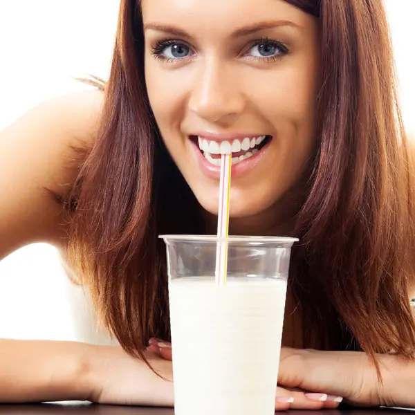 Beautiful Woman Drinking Milk Isolated White Background Royalty Free Stock Photos