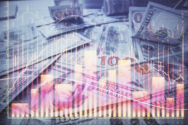 Forx grafiğinin çok sayıda görüntüsü bize dolar banknotları arka planında görünüyor. Finansal başarı piyasası kavramı.