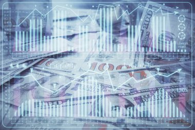 Forx grafiğinin çok sayıda görüntüsü bize dolar banknotları arka planında görünüyor. Finansal başarı piyasası kavramı.