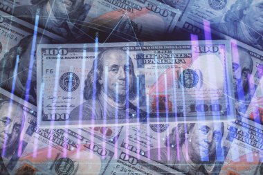Forx grafiğinin çok sayıda görüntüsü bize dolar banknotları arka planında görünüyor. Finansal başarı piyasası kavramı.