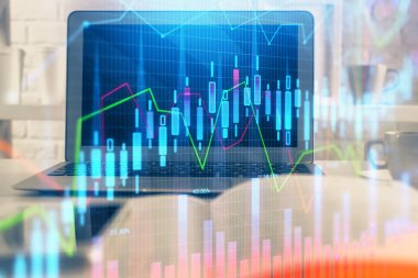 Arka planda eski pazar grafik hologramı ve kişisel bilgisayar var. Çoklu maruz kalma. Yatırım kavramı.