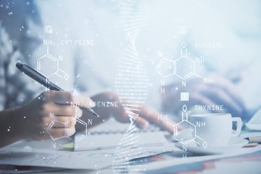 DNA temasının arka plan notları alan insanların üzerine çifte pozlanması. Tıp eğitimi kavramı