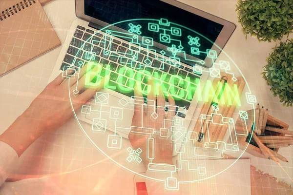 Double Exposure Woman Hands Working Computer Blockchain Theme Hologram Drawing — Stock Photo, Image