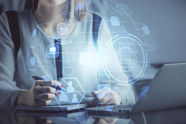 Double Exposure Woman Hands Typing Computer Social Network Theme Hologram — Stock Photo, Image