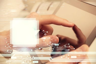 Dijital bir cihaz ve veri temalı çizim kullanan bir adamın el ele tutuşması. Yenilik kavramı.