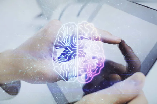 stock image Double exposure of man's hand holding and using a digital device and brain hologram drawing. Data concept.