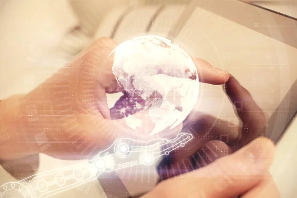 Multi Exposure Man Hands Holding Using Digital Device Map Drawing — Stock Photo, Image