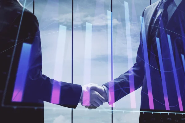 Dupla Exposição Holograma Gráfico Forex Aperto Mão Dois Homens Conceito — Fotografia de Stock