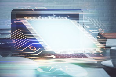 Bilgisayarın arka plan ve teknoloji temalı çizimlerine çoklu maruz kalma. Yenilik kavramı.