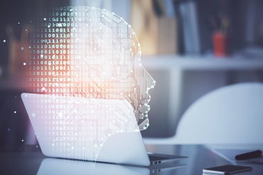 Bilgisayar ve beyin hologramıyla iki kat maruz kalmışlar. Veri yeniliği kavramı.