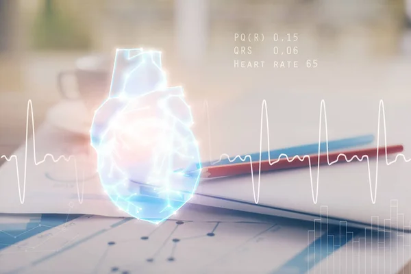 Desktop Φόντο Υπολογιστή Και Την Καρδιά Σχέδιο Διπλή Έκθεση Ιατρική — Φωτογραφία Αρχείου
