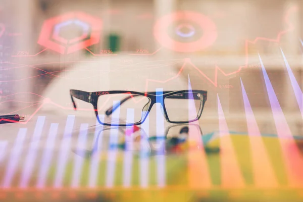 Financial Chart Hologram Glasses Table Background Concept Business Double Exposure — Stock Photo, Image