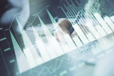 Finansal Forex grafik eller notları arka plan alarak görüntülenir. Araştırma kavramı. Çoklu pozlama