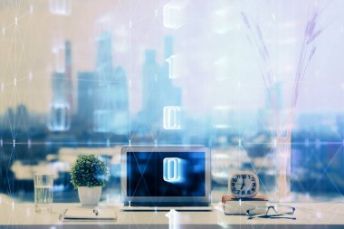 Arkaplanda bilgisayar ve veri temalı çizim tablosu çoklu pozlama. Yenilik kavramı.