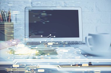 Arka planda kişisel bilgisayarı ve teknik tema çizimi olan iki kat masaüstü görüntüsü. Büyük Veri Kavramı.