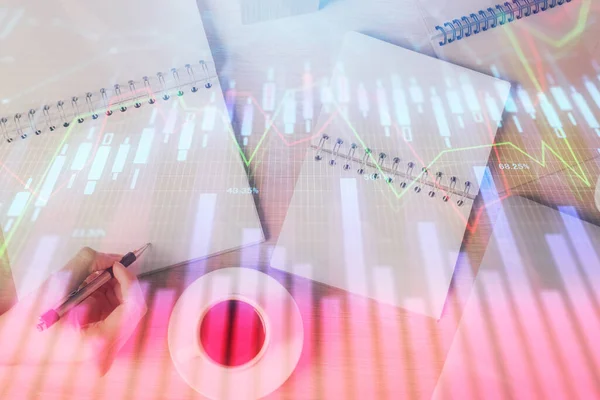 Multi Exposure Woman Hands Making Notes Forex Graph Hologram Concept — Stock Photo, Image