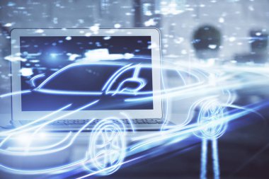 Otomobil hologramı çizimi olan masaüstü bilgisayar arkaplanı. Çoklu maruz kalma. Teknoloji kavramı.