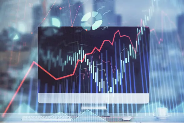 Tőzsdei Grafikon Háttérben Íróasztallal Személyi Számítógéppel Dupla Expozíció Pénzügyi Elemzés — Stock Fotó