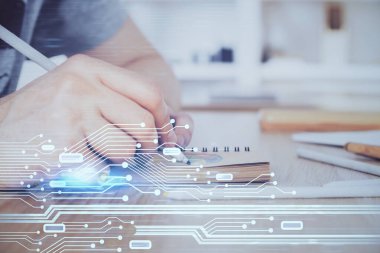 Teknoloji temalı çift pozlama ikonları olan insan elleri. Büyük veri kavramı.