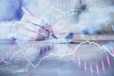 Hands Not defteri hisse senedi piyasası hakkında bilgi yazma. Ön Forex grafik hologramlar. Araştırma kavramı. Çoklu pozlama