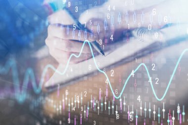 Finansal Forex grafik eller notları arka plan alarak görüntülenir. Araştırma kavramı. Çift Pozlama