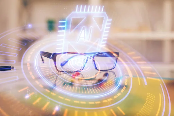 Data Tech Hologramm Mit Brille Auf Dem Tischhintergrund Konzept Der — Stockfoto