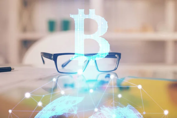 Crypto Thema Hologram Met Bril Tafel Achtergrond Concept Van Blockchain — Stockfoto
