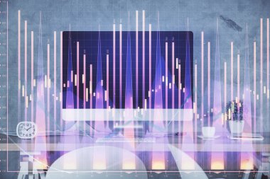 Finansal grafik çizimi ve ofis içi arka planının çoklu pozu. Pazar analizi kavramı.