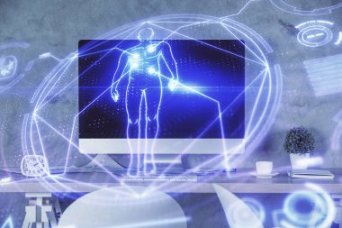 Eğitim teması çizimi ve ofis içi arka planına çifte maruz kalma. Bilim kavramı.