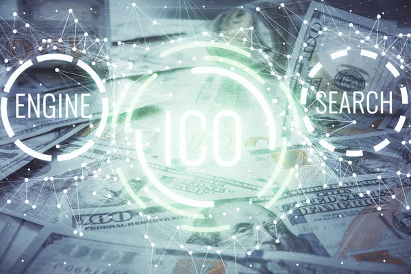 Multi Exposure Crypto Theme Drawing Dollars Bill Background Concept Blockchain — Stock Photo, Image