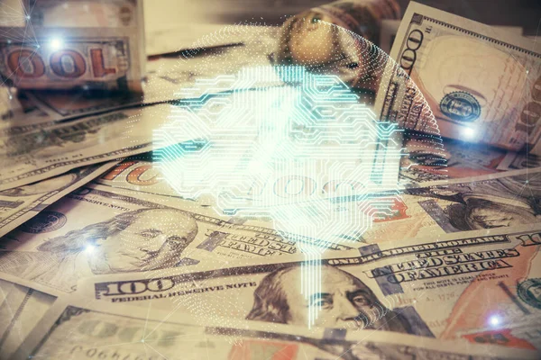 Double Exposure Brain Drawing Dollars Bill Background Technology Concept — Stock Photo, Image