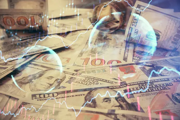 Multi Blootstelling Van Forex Grafiek Tekenen Ons Dollar Biljet Achtergrond — Stockfoto