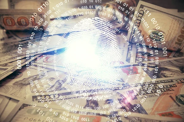 Double Exposure Finger Print Scan Drawing Usa Dollars Bill Background — Stock Photo, Image