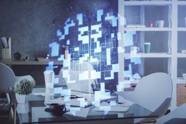 Veri teması çizimi ve ofis içi arka planına çifte maruz kalma. Teknoloji kavramı.