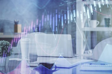 Borsa grafik çizimi ve ofis içi arka planının iki katına çıkarılması. Mali analiz kavramı.