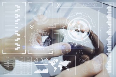 Dijital bir cihaz ve veri temalı çizim kullanan bir adamın el ele tutuşması. Yenilik kavramı.