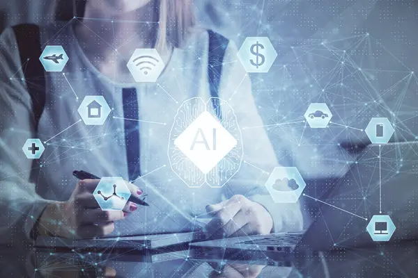 Multi Exposure Woman Hands Working Computer Data Theme Hologram Drawing — Stock Photo, Image
