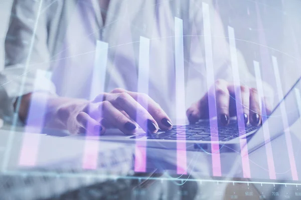 stock image Double exposure of woman hands typing on computer and forex chart hologram drawing. Stock market invest concept.