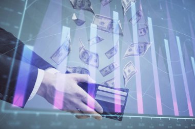 Finansal grafiğe çoklu pozlama hologram, Amerikan dolarları ve insan eli. Analiz kavramı.