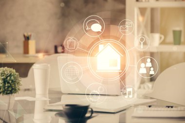 Kasabanın çizimlerine ve ofis iç dekorasyonuna çoklu maruz kalma. Akıllı şehir konsepti.