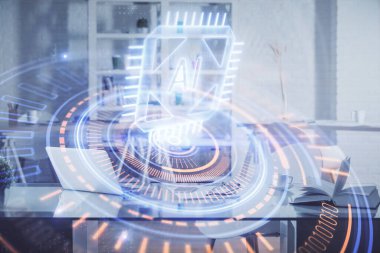 Veri teması çizimi ve ofis içi arka planına çoklu maruz kalma. Teknoloji kavramı.